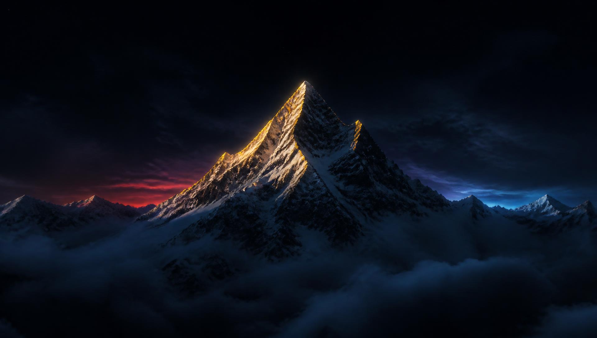 Mountain summit lit by gold light above the clouds